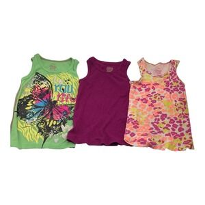 Lot Of 3 Girls Size XS 4-5 Tank Tops Green Purple Pink Butterfly & Leopard Print
